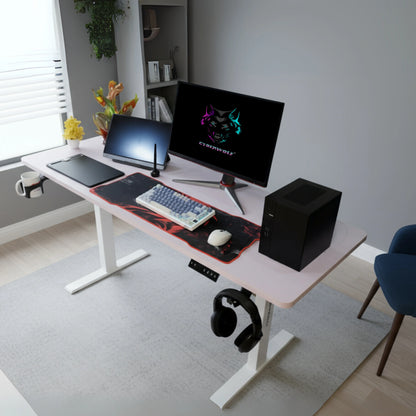 Height adjustable desk in modern workspace