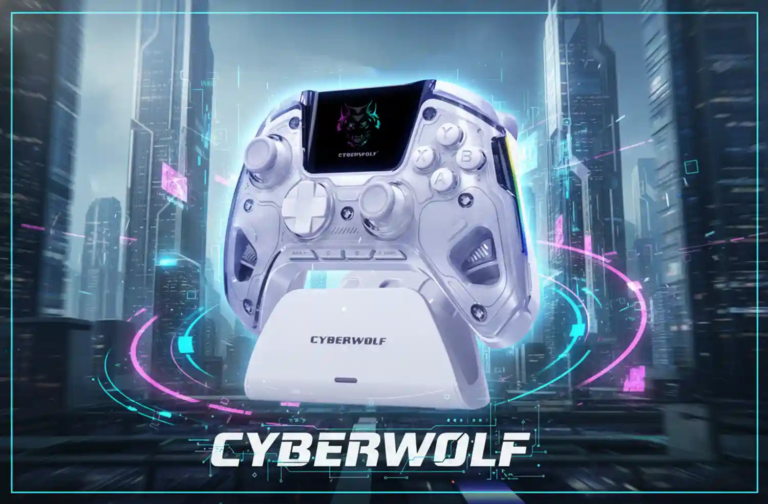 Cyberwolf wireless gaming controller with futuristic design and RGB lighting